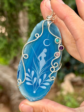 Load image into Gallery viewer, Artisan cab (Marina rabinskaya) blue agate goddess moon with turquoise, amethyst, strawberry quartz gem accents wire wrapped pendant necklace