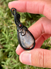 Load image into Gallery viewer, Chocolate Moonstone with Garnet gem Accent wire wrapped pendant necklace