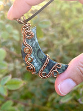 Load image into Gallery viewer, Kambaba jasper moon with tigers eye + peridot gem accents wire wrapped pendant necklace