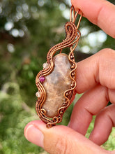 Load image into Gallery viewer, Belomorite Sunstone with citrine and ruby gem accents wire wrapped pendant necklace