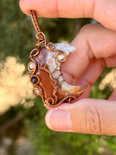 Load image into Gallery viewer, Artisan cab (positive rocks) Carnelian Crescent moon with citrine + garnet gem accents wire wrapped pendant necklace
