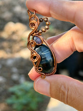 Load image into Gallery viewer, Blue Tiger eye with charoite gem accents wire wrapped pendant necklace
