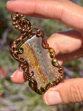 Load image into Gallery viewer, Artisan cab (positive rock) Scenic Plume Jasper with Garnet, Orange Garnet, Yellow Mookaite, Tiger Eye, Serpentine + Peridot Gem Accents wire wrapped pendant necklace