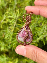 Load image into Gallery viewer, Pink cobalt calcite + ruby gem accent wire wrapped pendant necklace