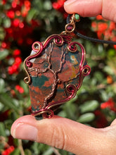 Load image into Gallery viewer, Faceted bloodstone with garnet + zoisite gem accents tree of life wire wrapped pendant necklace