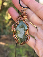 Load image into Gallery viewer, ARTISAN STONE (Marina Rabinskaya) Green Vesuvianite with rhodochrosite + peridot gem accents wire wrapped pendant necklace