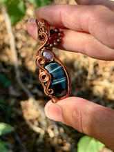 Load image into Gallery viewer, Blue Tiger eye with charoite gem accents wire wrapped pendant necklace