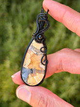 Load image into Gallery viewer, Artisan cab (positive rocks) yellow maligano jasper with onyx gem accent wire wrapped pendant necklace