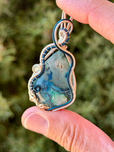 Load image into Gallery viewer, Artisan stone (positive rocks) blue crazy lace agate with aquamarine gem accent wire wrapped pendant necklace