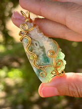Load image into Gallery viewer, Artisan cab (positive rock) rainbow solar quartz druzy with Amazonite, green mica, serpentine, blue kyanite gem accents wire wrapped pendant necklace
