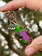 Load image into Gallery viewer, Reserved for Denise a DUO TONED WIRE Purple/Green Magnesite with peridot + onyx inclusions + butterfly charm Wire wrapped pendent