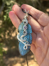 Load image into Gallery viewer, Labradorite feather with rutile and amethyst gem accents wire wrapped pendant necklace