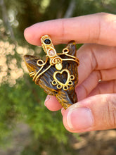 Load image into Gallery viewer, Tiger eye wolf with citrine + black tourmaline gem accents wire wrapped pendant necklace