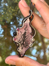 Load image into Gallery viewer, Artisan cab (Marina rabinskaya) Lepidolite Mica with pyrite, ruby, onyx gem accents wire wrapped pendant necklace
