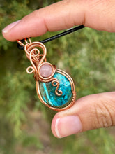 Load image into Gallery viewer, Chrysocolla/Shattuckite with Rose quartz gem accents wire wrapped pendant necklace
