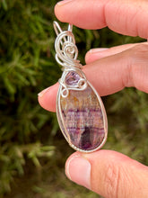 Load image into Gallery viewer, Rainbow fluorite with faceted amethyst gem accent wire wrapped pendant necklace