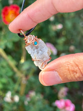 Load image into Gallery viewer, Snow druzy quartz with turquoise gem accents wire wrapped pendant necklace