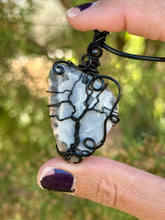 Load image into Gallery viewer, ARTISAN STONE (positive rocks) Black scenic Maligano Jasper with obsidian + moonstone gem accents tree of life wire wrapped pendant necklace