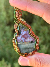 Load image into Gallery viewer, Artisan cab (positive rocks) Indian agate with prehnite with zoisite gem accent wire wrapped pendant necklace