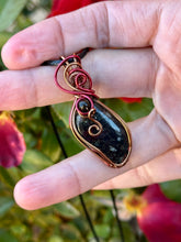 Load image into Gallery viewer, Eudialyte with obsidian gem accent wire wrapped pendant necklace