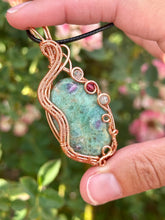 Load image into Gallery viewer, Ruby in fuchsite with moss agate + raspberry jade gem accents wire wrapped pendant necklace