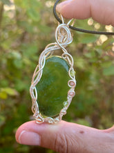 Load image into Gallery viewer, Serpentine with peridot + rhodochrosite gem accents wire wrapped pendant necklace