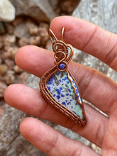 Load image into Gallery viewer, Artisan cab (johari gems) blue bird azurite with lapis lazuli gem accent wire wrapped pendant necklace