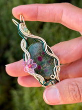 Load image into Gallery viewer, Ruby in fuchsite with raspberry jade + moss agate + peridot gem accents wire wrapped pendant necklace