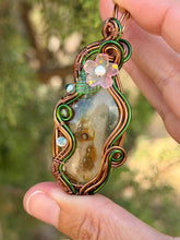 Load image into Gallery viewer, Artisan cab (johari gems) garden quartz with tree agate, peridot, moonstone gem accents wire wrapped pendant necklace