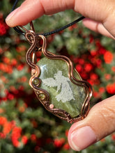 Load image into Gallery viewer, ARTISAN STONE (Marina Rabinskaya) Green Vesuvianite with rhodochrosite + peridot gem accents wire wrapped pendant necklace