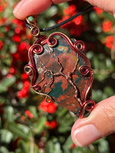 Load image into Gallery viewer, Faceted bloodstone with garnet + zoisite gem accents tree of life wire wrapped pendant necklace
