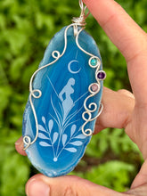 Load image into Gallery viewer, Artisan cab (Marina rabinskaya) blue agate goddess moon with turquoise, amethyst, strawberry quartz gem accents wire wrapped pendant necklace