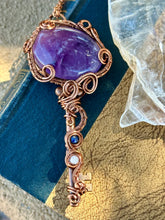 Load image into Gallery viewer, Reserved for Meredith T Trapiche amethyst with lapis lazuli + moonstone inclusions key Wire wrapped pendant