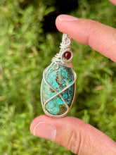 Load image into Gallery viewer, Shattuckite with cuprite with red agate gem accent wire wrapped pendant necklace