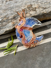 Load image into Gallery viewer, Opalite moon with raspberry jade, garnet, amethyst gem accents wire wrapped pendant necklace