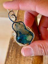 Load image into Gallery viewer, Artisan stone (positive rocks) blue crazy lace agate with aquamarine gem accent wire wrapped pendant necklace