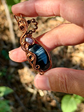 Load image into Gallery viewer, Blue Tiger eye with charoite gem accents wire wrapped pendant necklace