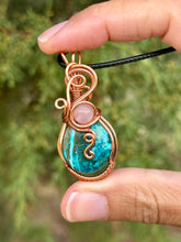 Load image into Gallery viewer, Chrysocolla/Shattuckite with Rose quartz gem accents wire wrapped pendant necklace