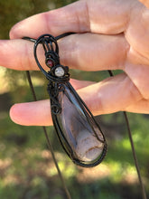 Load image into Gallery viewer, Montana agate with labradorite + garnet gem accents wire wrapped pendant necklace