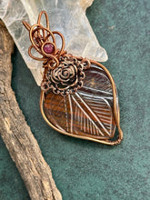 Load image into Gallery viewer, Reserved for Susanna m DESIGNER CAB Carved Tiger’s Iron (hematite + tigers eye + red jasper mix) with Ruby Inclusion Wire wrapped pendant