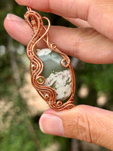 Load image into Gallery viewer, Peace jade with copper coated hematite + peridot gem accents wire wrapped pendant necklace