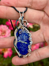 Load image into Gallery viewer, ARTISAN STONE (Marina Rabinskaya) Lapis lazuli with blue kyanite + Angelite gem accents wire wrapped pendant necklace