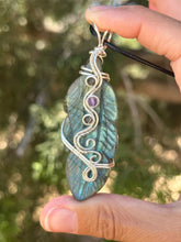 Load image into Gallery viewer, Labradorite feather with rutile and amethyst gem accents wire wrapped pendant necklace