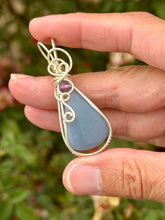 Load image into Gallery viewer, Angelite + purple fluoride gem accent wire wrapped pendant necklace