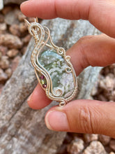 Load image into Gallery viewer, Peace jade with garnet + peridot gem accents wire wrapped pendant necklace