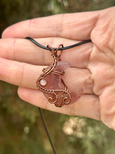 Load image into Gallery viewer, Strawberry quartz moon with rose quartz gem accents wire wrapped pendant necklace