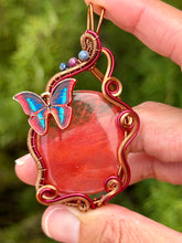 Load image into Gallery viewer, Cherry quartz with sapphire + ruby gem accents wire wrapped pendant necklace