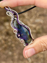 Load image into Gallery viewer, Reserved for Cassandra h DUO TONED WIRE Spectrolite Labradorite with strawberry quartz + phosphosiderite inclusions wire wrapped pendant