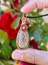 Load image into Gallery viewer, Dino Bone with cherry quartz gem accent wire wrapped pendant necklace