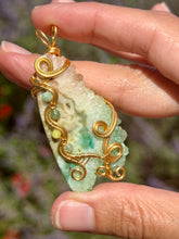 Load image into Gallery viewer, Artisan cab (positive rock) rainbow solar quartz druzy with Amazonite, green mica, serpentine, blue kyanite gem accents wire wrapped pendant necklace